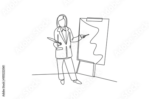 simple continuous line drawing of a young executive is presenting a project at a conference Conference minimalist concept. Business minimalist concept. Simple line, vector.