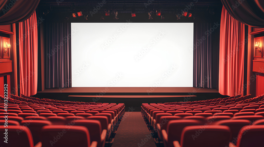 Row of seats and wide format mock up blank screen with stage Row of seats and wide format mock up blank screen with stage