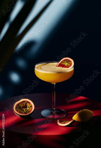 Cocktail Glass with Passion Fruit and Orange Juice on Abstract Table
