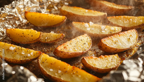 Roasted potato wedges on foil, seasoned and steaming, ready to be served as a delicious side dish. photo