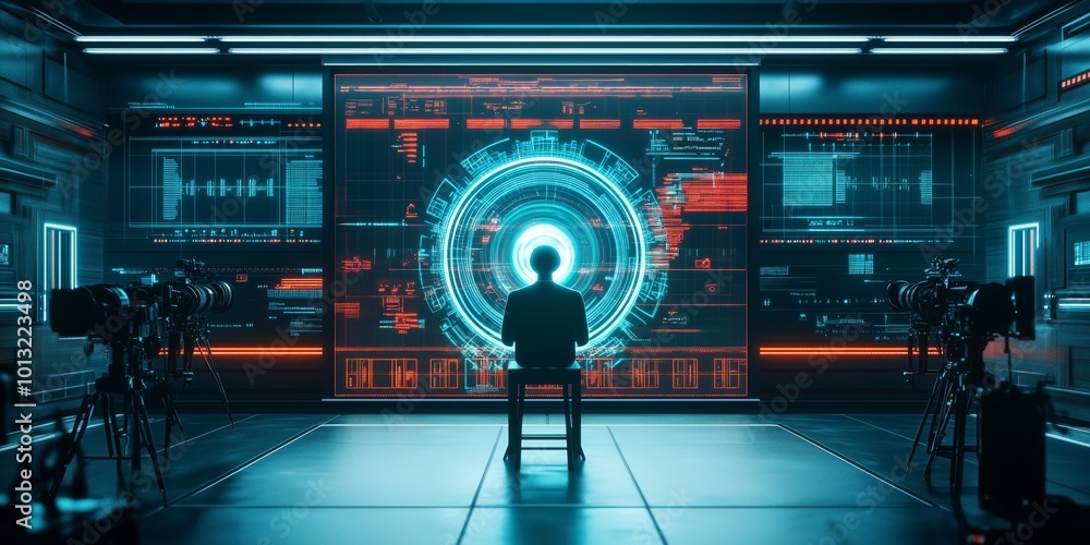 Fototapeta premium Futuristic AI command center with digital interface and multiple cameras setup