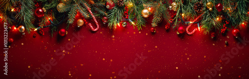 Obraz na płótnie Fir branches with Christmas balls on glittering red background with winter holiday lights w salonie
