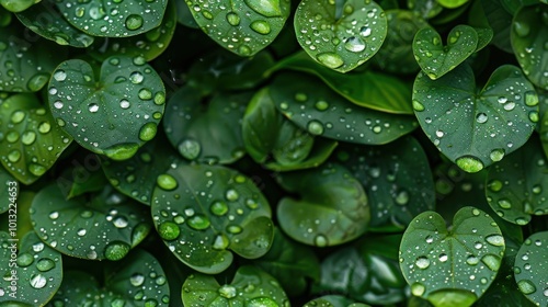 Glistening wall of small leaves in the rain, water droplets on deep green leaves, soft light, capturing the serene, wet atmosphere.