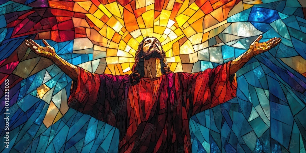 Fototapeta premium Man in front of stained glass window