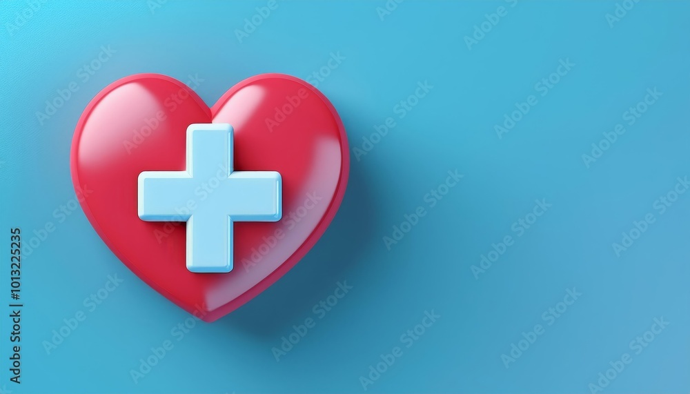 Obraz premium A glossy red heart with a blue medical cross on a vibrant blue background, symbolizing healthcare and compassion.