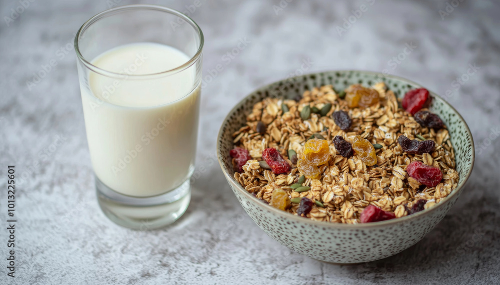 A bowl of granola with dried fruits beside a glass of milk, showcasing a healthy breakfast option. A bowl of granola with dried fruits beside a glass of milk, showcasing a healthy breakfast option.