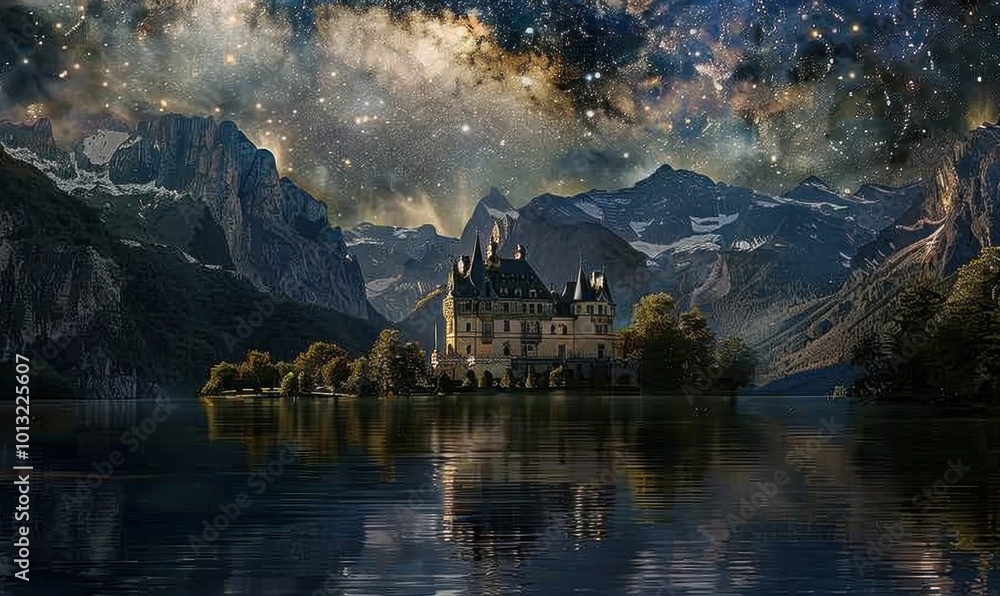 Fototapeta premium Enchanted chateau floating on the ethereal lake, reflecting starlit skies, 4K hyperrealistic photo