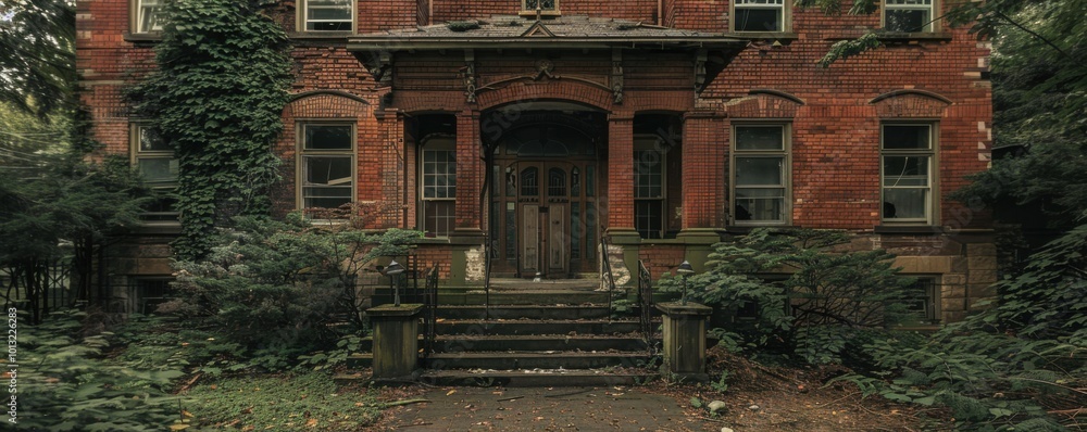 Fototapeta premium Eerie mansion with ghostly reflections in the windows, 4K hyperrealistic photo