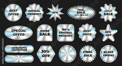 Sticker with a holographic effect. Hologram labels of different shapes. Set of emblems and tags with metal texture Sale, Black friday, 30% off, 50% off, 100% original, offer, discount, Best price.