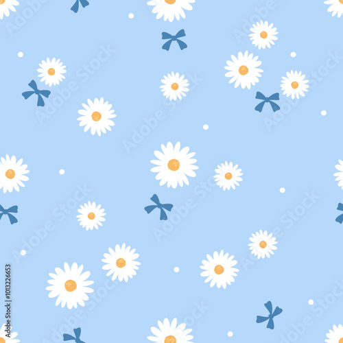Seamless pattern with daisy flower and ribbon bow on blue background vector.