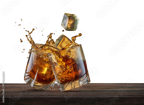 Two glasses with whiskey and falling ice cubes on a wooden table. Concept for advertising alcoholic beverages with ice cubes, glasses and splashes.