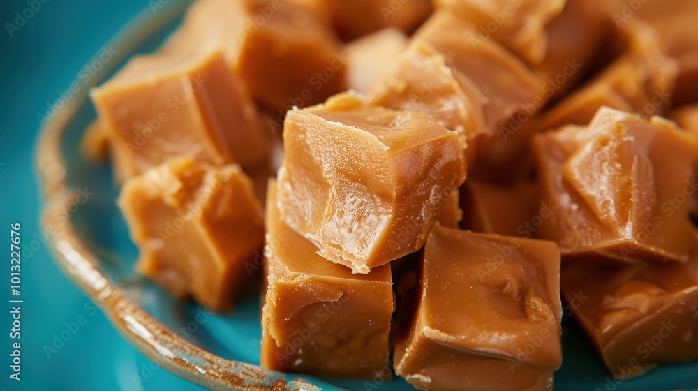 Macro View of Freshly Made Caramel Fudge Candies on Plate with Blue Background Macro View of Freshly Made Caramel Fudge Candies on Plate with Blue Background