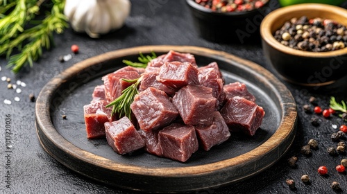 Fresh Cubes of Meat on Dark Background with Spices