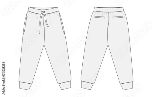 Sweatpants technical drawing fashion flat sketch vector illustration template front and back views.