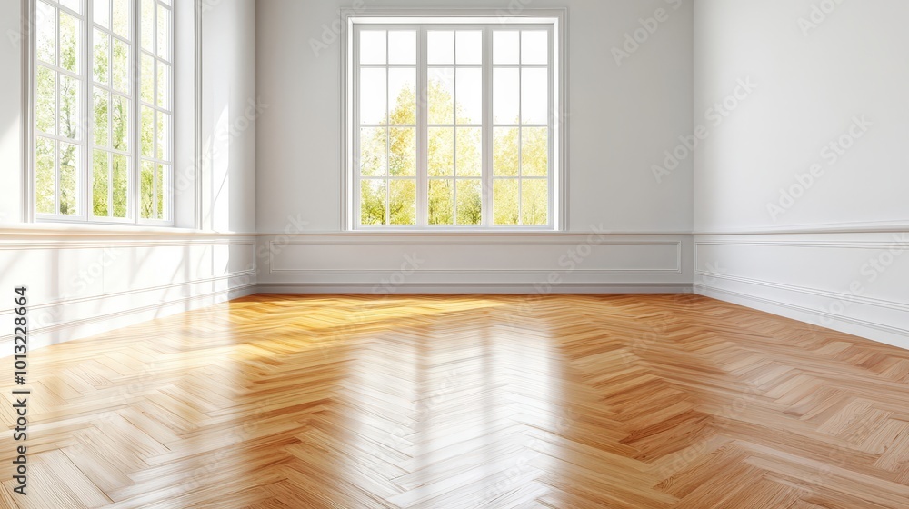 A large room with a window and a white wall A large room with a window and a white wall
