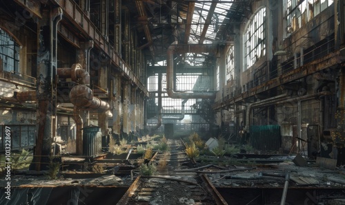 Ghostly ruins of a once-thriving industrial hub, 4K hyperrealistic photo