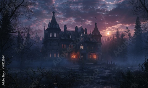 Sinister manor veiled in eternal twilight, 4K hyperrealistic photo