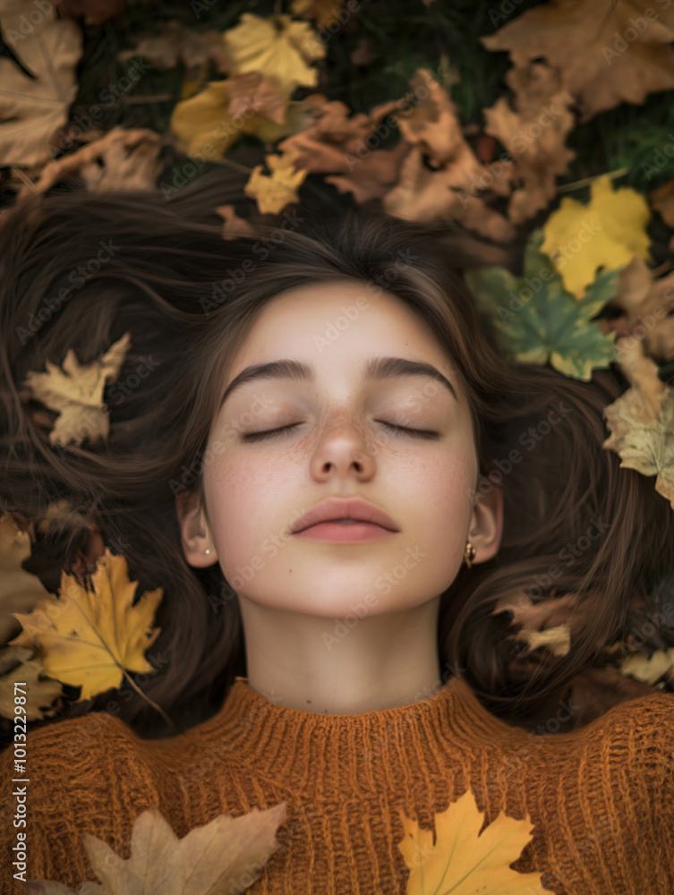 A young girl lies between autumn leaves A young girl lies between autumn leaves