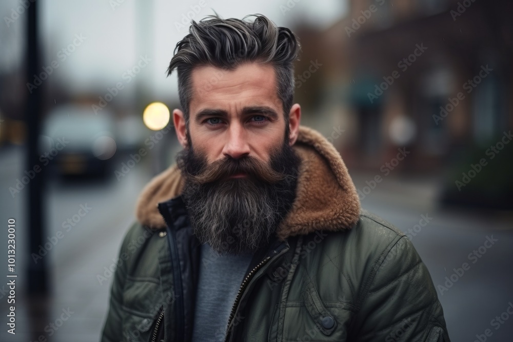 Portrait of a handsome man with long beard and mustache in the city Portrait of a handsome man with long beard and mustache in the city