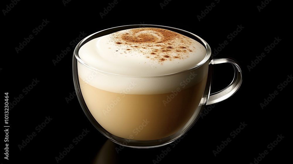 Creamy latte in glass cup with cocoa dusting Creamy latte in glass cup with cocoa dusting