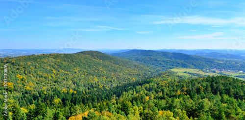 Fototapeta Naklejka Na Ścianę i Meble -  Panorama of mountains and hills  in Szpilowka Range, Carpathian Foothills,  Poland. View from top of wooden tower for tourists  above Iwkowa village near Brzesko town.
