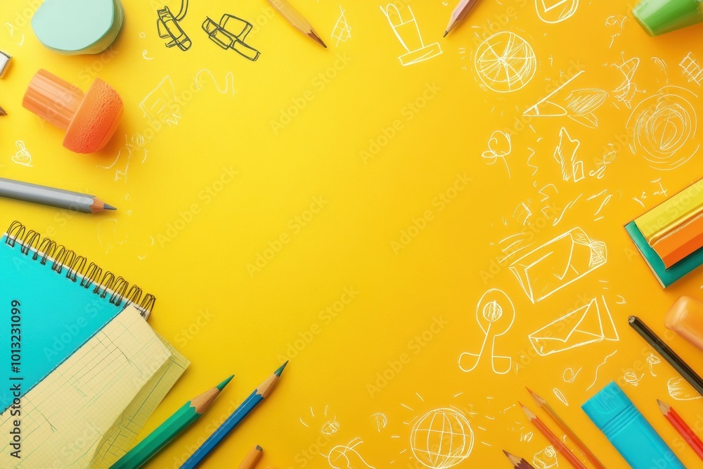 Back to School Supplies and Accessories on a Vibrant Yellow Background: A Creative and Inspiring Setup for Learning and Education. Back to School Supplies and Accessories on a Vibrant Yellow Background: A Creative and Inspiring Setup for Learning and Education.