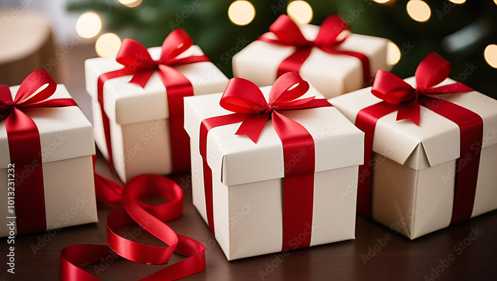 Obraz premium gift boxes wrapped red ribbons paper ready festive celebrations