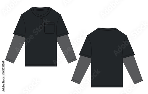 Long sleeve T shirt technical drawing fashion flat sketch vector Illustration Black Color template front and back views. Basic apparel Design Mock up for Men's and boys.