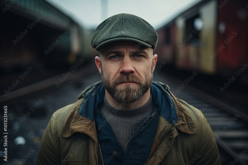 Portrait of a bearded man with a baseball cap in a train station Portrait of a bearded man with a baseball cap in a train station