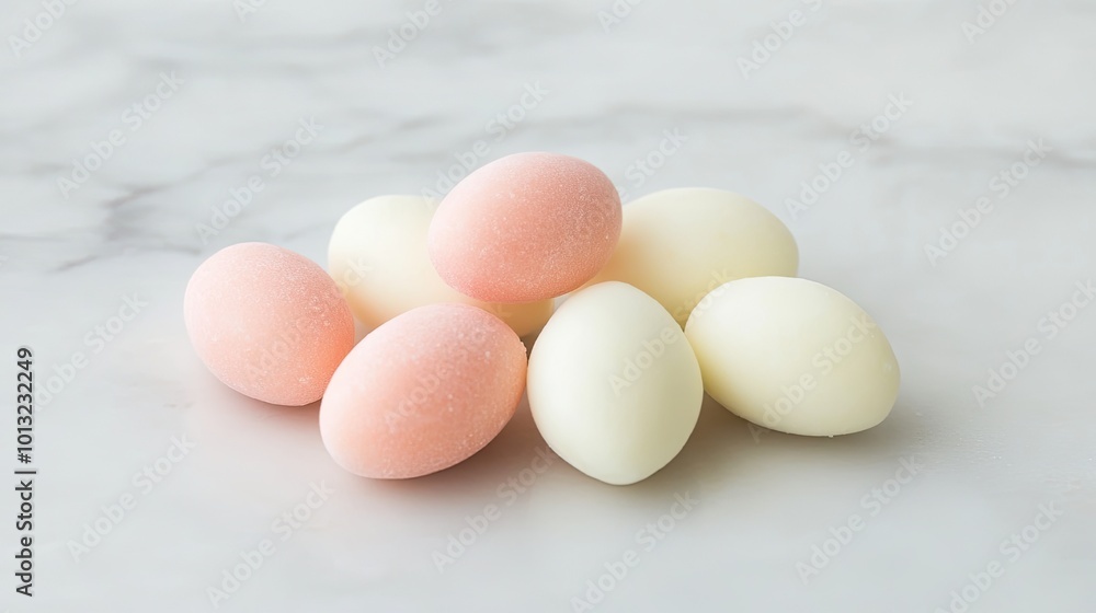Colorful pastel candy eggs on a marble surface Colorful pastel candy eggs on a marble surface