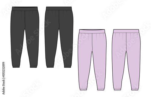 Ladies and Kids Basic Fleece Sweat Pant fashion flat sketch vector Illustration template front and back view. Technical Drawing apparel dress design Jogger pant mock up.