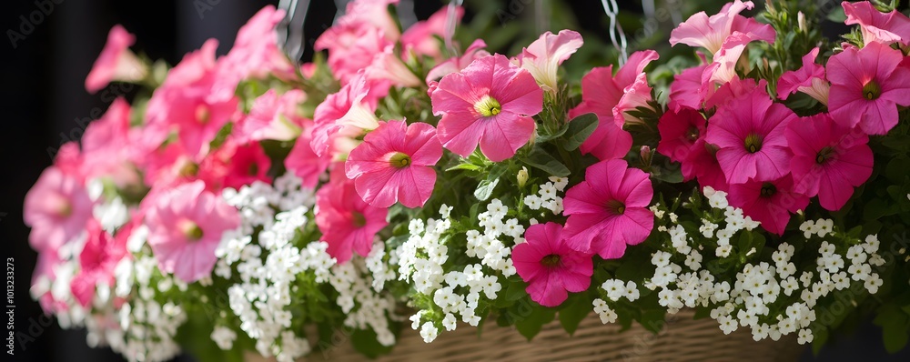 A vibrant display of pink petunias and white alyssums in a hanging basket A vibrant display of pink petunias and white alyssums in a hanging basket