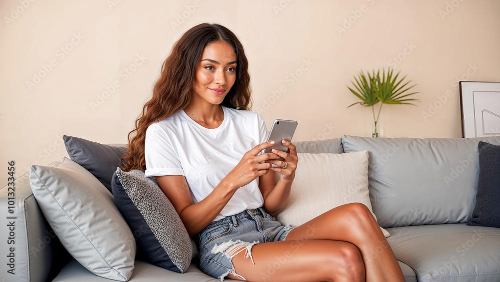 Obraz premium スマートフォンを使いソーシャルメディアを利用する若い女性のデジタルライフスタイル。生成AI