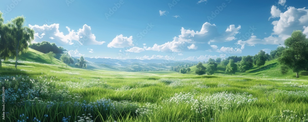 Fototapeta premium Lush green meadow under a clear blue sky, 4K hyperrealistic photo