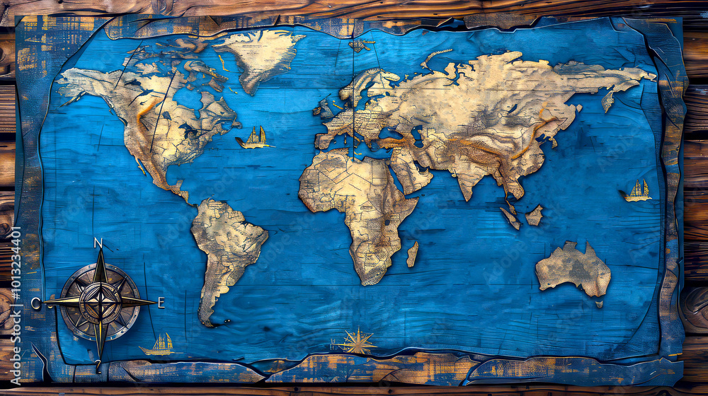 Naklejka premium Old blue medieval nautical world map.