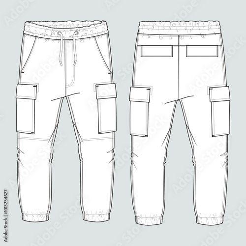 Fleece jersey Sweat pant With Cut and sew technical fashion flat sketch template front and back views. Apparel jogger pants vector illustration mock up for kids and boys. Fashion design drawing CAD.