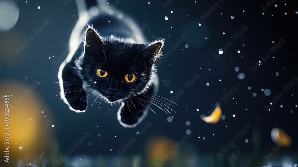 Furry Black Cat Leaping Through a Magical Scene Furry Black Cat Leaping Through a Magical Scene