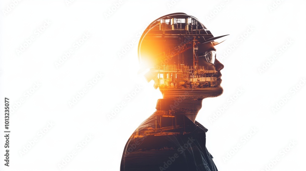 Double exposure of an engineer wearing a helmet and a construction site, isolated on a white background with a double shadow effect. Double exposure of an engineer wearing a helmet and a construction site, isolated on a white background with a double shadow effect.