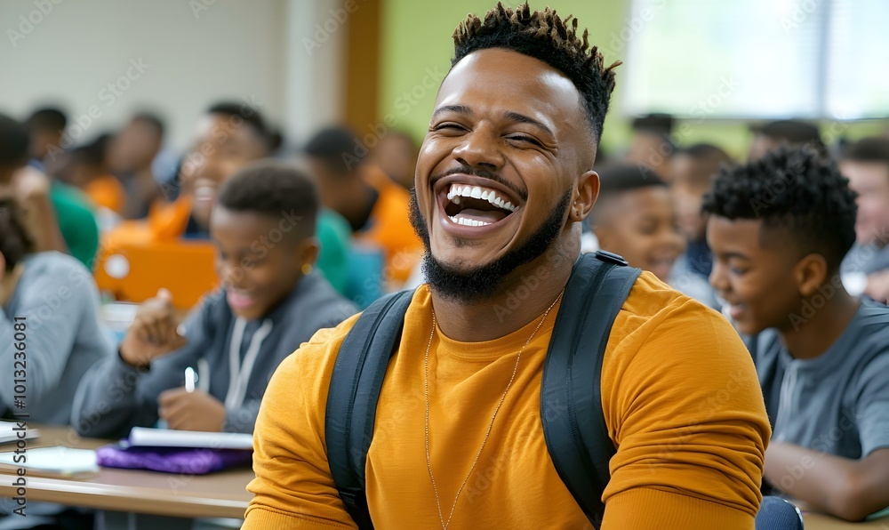 Joyful teacher engaging with students in a lively classroom, laughter and excitement creating a vibrant learning atmosphere. Joyful teacher engaging with students in a lively classroom, laughter and excitement creating a vibrant learning atmosphere.