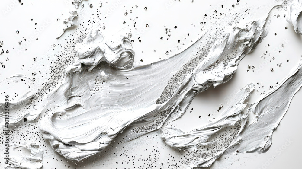 A luxurious background for an elegant design. Close-up of shining silvery brush strokes with shining shiny sequins. A white background with a white wave of paint on it A luxurious background for an elegant design. Close-up of shining silvery brush strokes with shining shiny sequins. A white background with a white wave of paint on it