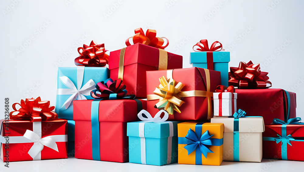 Fototapeta premium many colorful gifts piled front white background perfect holiday scenes