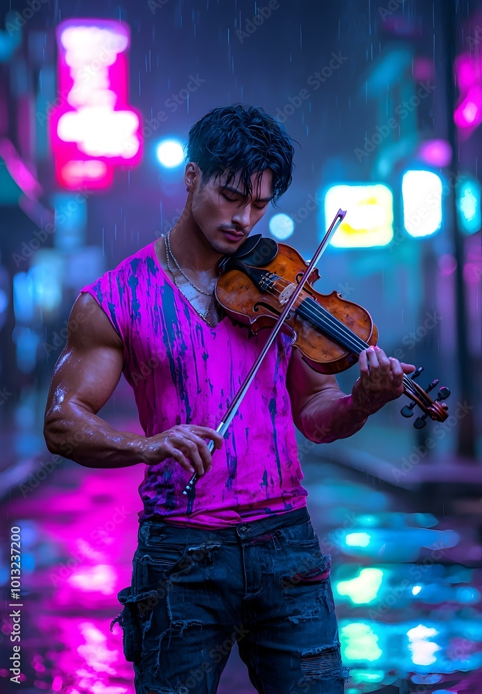 Fototapeta premium Pensive Musician Playing Violin Under Streetlights, a solitary figure lost in melody, illuminated by soft, warm streetlight glow, evoking deep emotion.