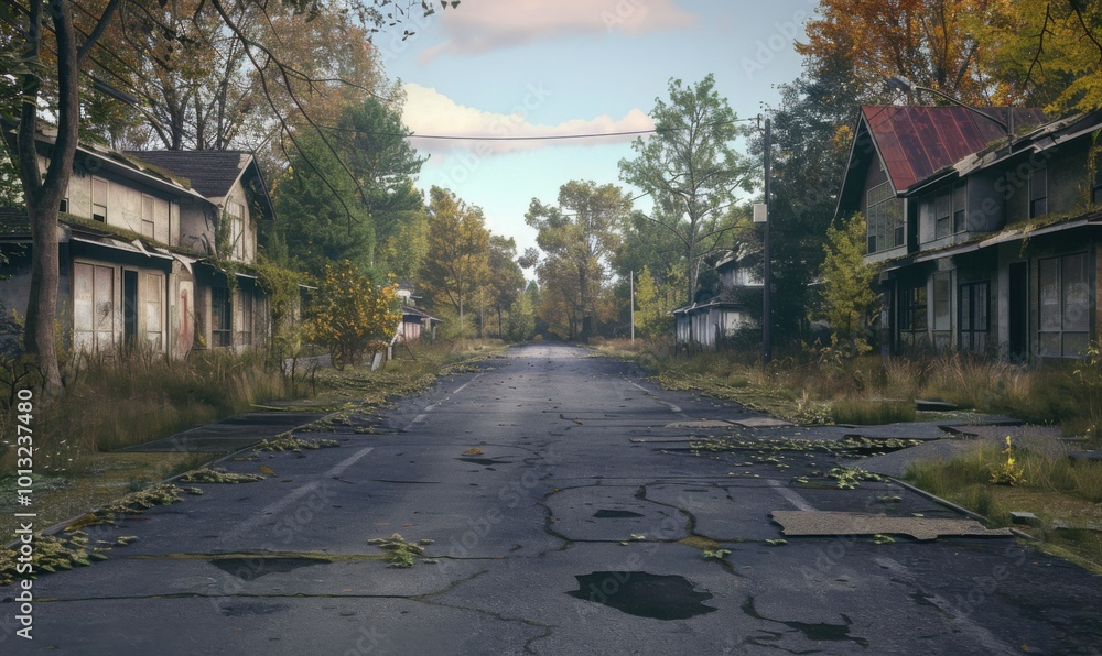 Empty streets of a derelict suburban neighborhood, 4K hyperrealistic photo Empty streets of a derelict suburban neighborhood, 4K hyperrealistic photo