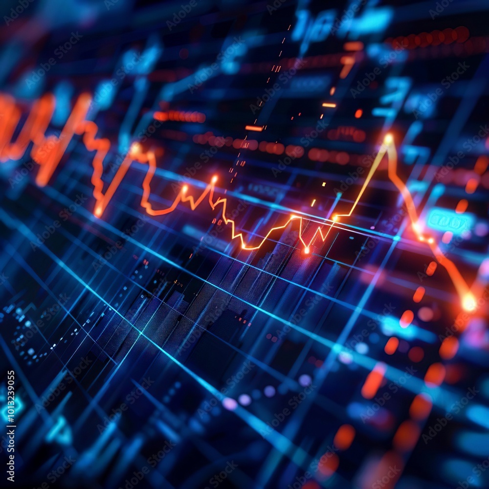 A glowing blue and orange circuit board with a glowing orange line graph in the center. A glowing blue and orange circuit board with a glowing orange line graph in the center.