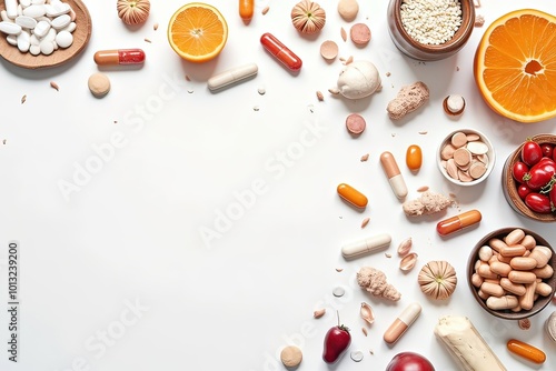 AI sfondo bianco con frutta a integratori in pastiglie 02