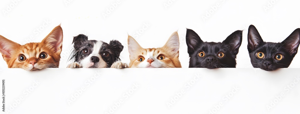 Cats and Dogs Peeking from Behind a White Background Cats and Dogs Peeking from Behind a White Background