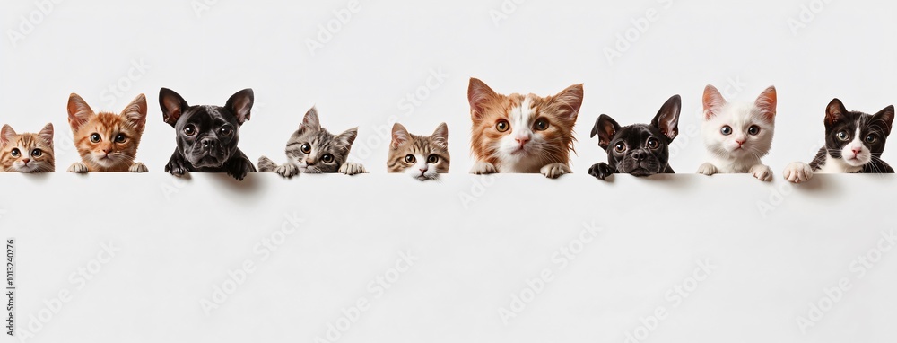 Cats and Dogs Peeking from Behind a White Background Cats and Dogs Peeking from Behind a White Background