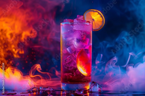 Glass of cocktail with ice cubes and orange slice on reflective surface. Colorful neon lights and smoke in background. Nightlife and party concept. Generative AI