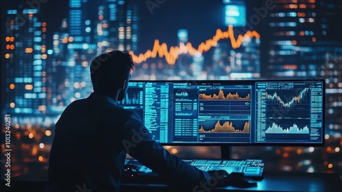 Business professional analyzing financial data on dual monitors with a city skyline backdrop at night.