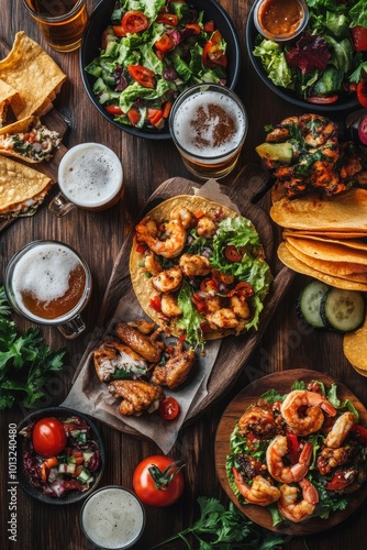 A wooden table with various types of fast food and beer mugs, including chicken wings, shrimp, soft drinks, tacos, and a mixed salad, shot from above.